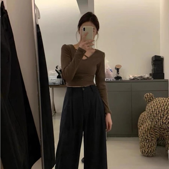 Coffee V neck Crop top S - Picture 1 of 5